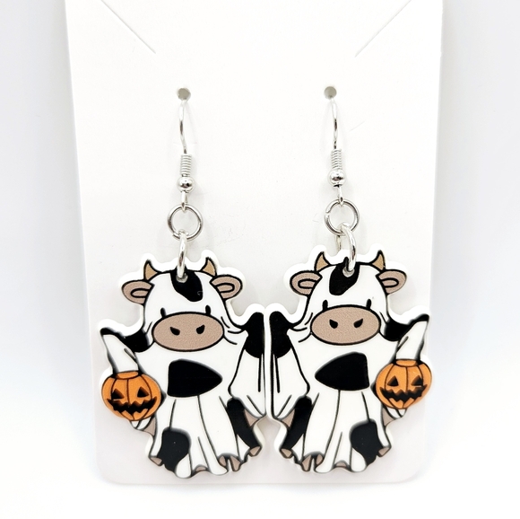 Halloween Spotted Cow Ghost Costume Jack O'Lantern Trick Treat Acrylic Earrings - Picture 1 of 2